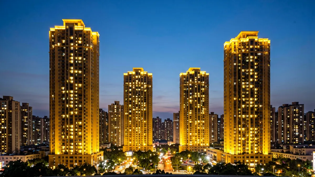 城市夜景背景下几栋高楼亮着暖黄色灯光，远处天空呈现深蓝色渐变，整体氛围静谧而有质感