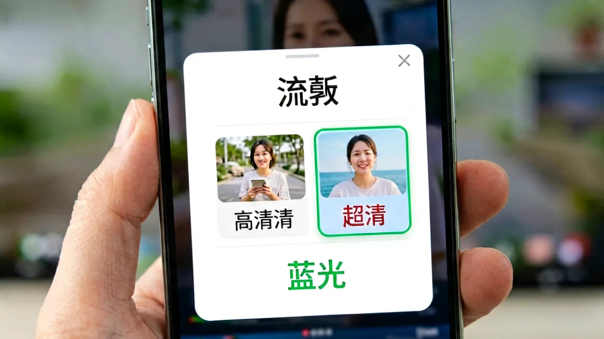 手机屏幕显示芭乐视频画质选择菜单，包含流畅、高清、超清、蓝光四个选项，当前选中超清档位